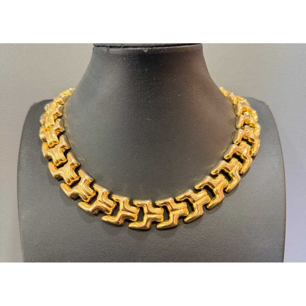 Vintage Gold Tone‎ Chunky Geometric Link Necklace Art Deco Greek Key Style